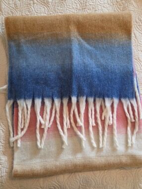 Ombre Blue & Tan Knit Scarf with Fringe Trim